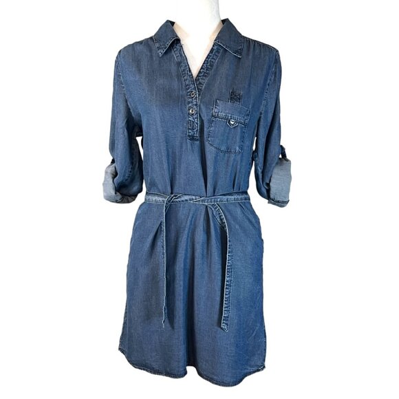 Velvet Heart Dresses & Skirts - Velvet Heart Denim Shirt Dress Medium Blue Tencel Roll Tab Sleeve Belted Csual